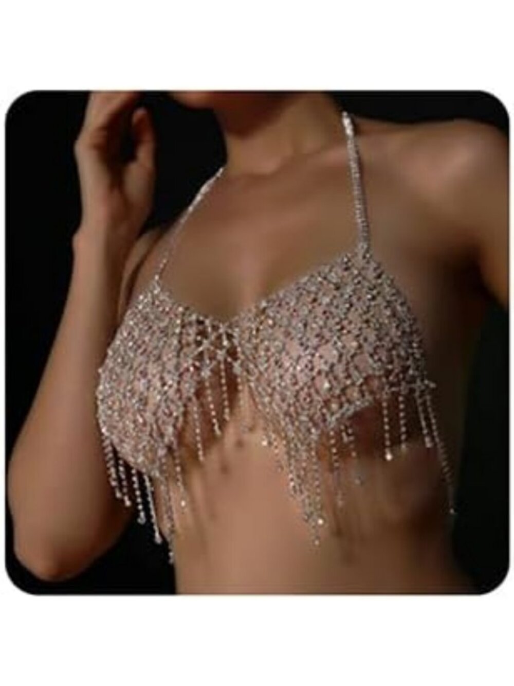 Boho Crystal Mesh Layered Body Chain Harness - Rhinestone Tassel Costume